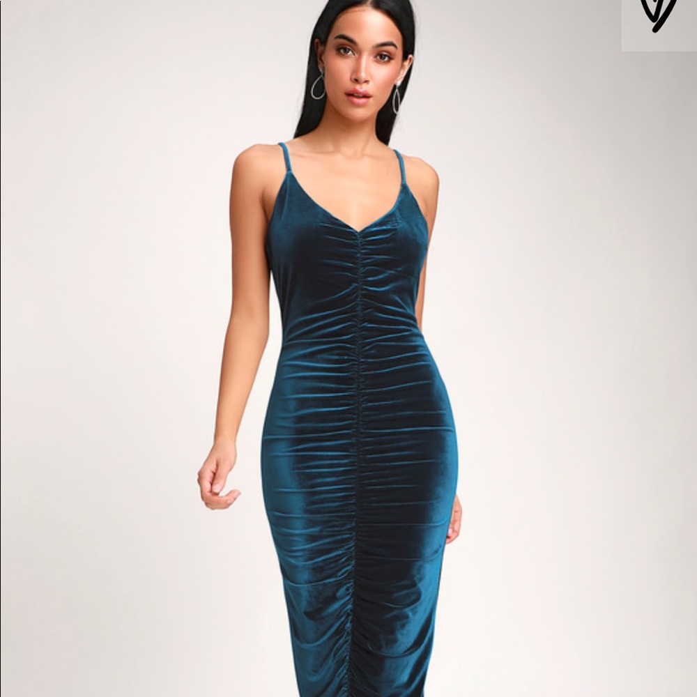 TEAL BLUE VELVET RUCHED BODYCON MIDI DRESS size S
